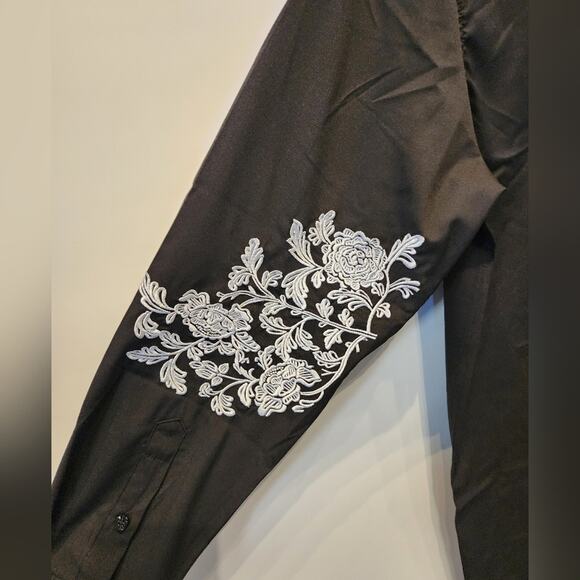 New Black Embroidered Men's Shirt Formal Party Button Up Dress Shirt L - Picture 7 of 10